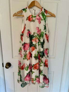 Calvin Klein White Midi Dress with Pink and Coral Floral Print